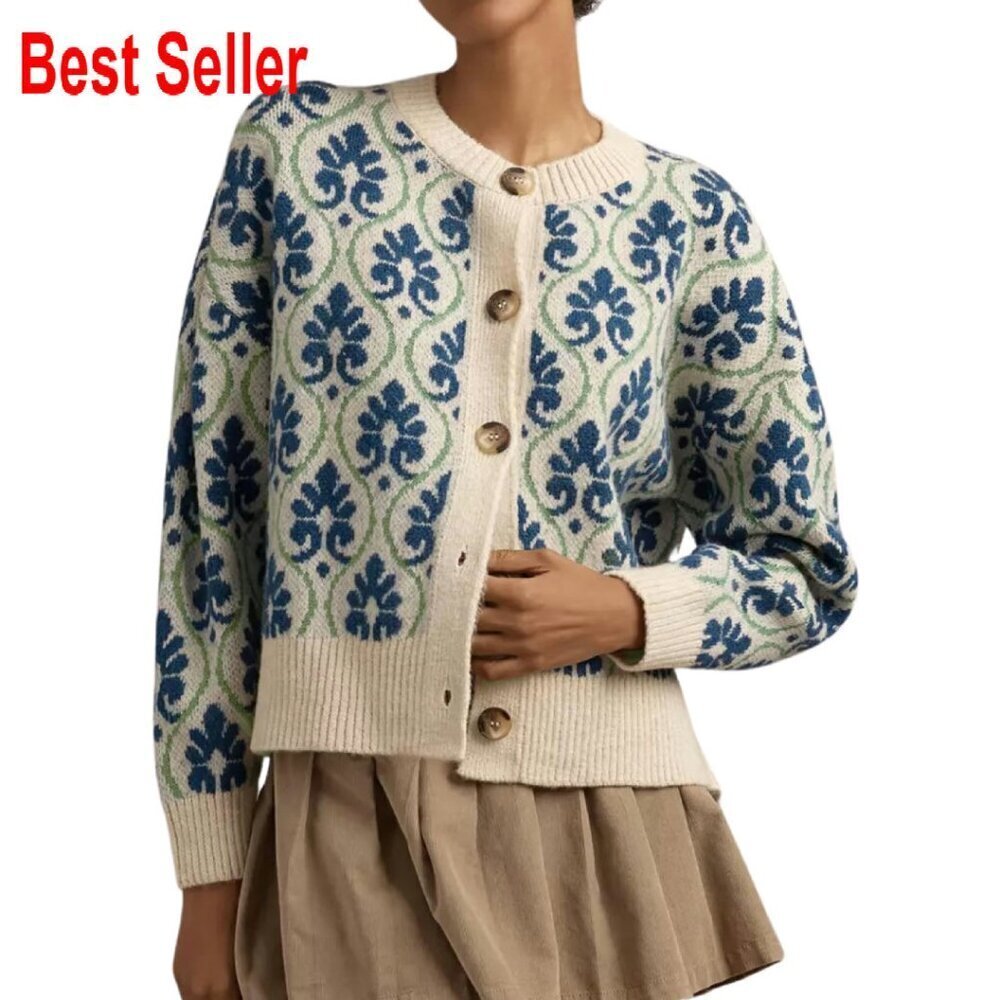 Floral Cardigan Sweater Vintage Open Front Chunky Knit Oversized Fall Outerwear